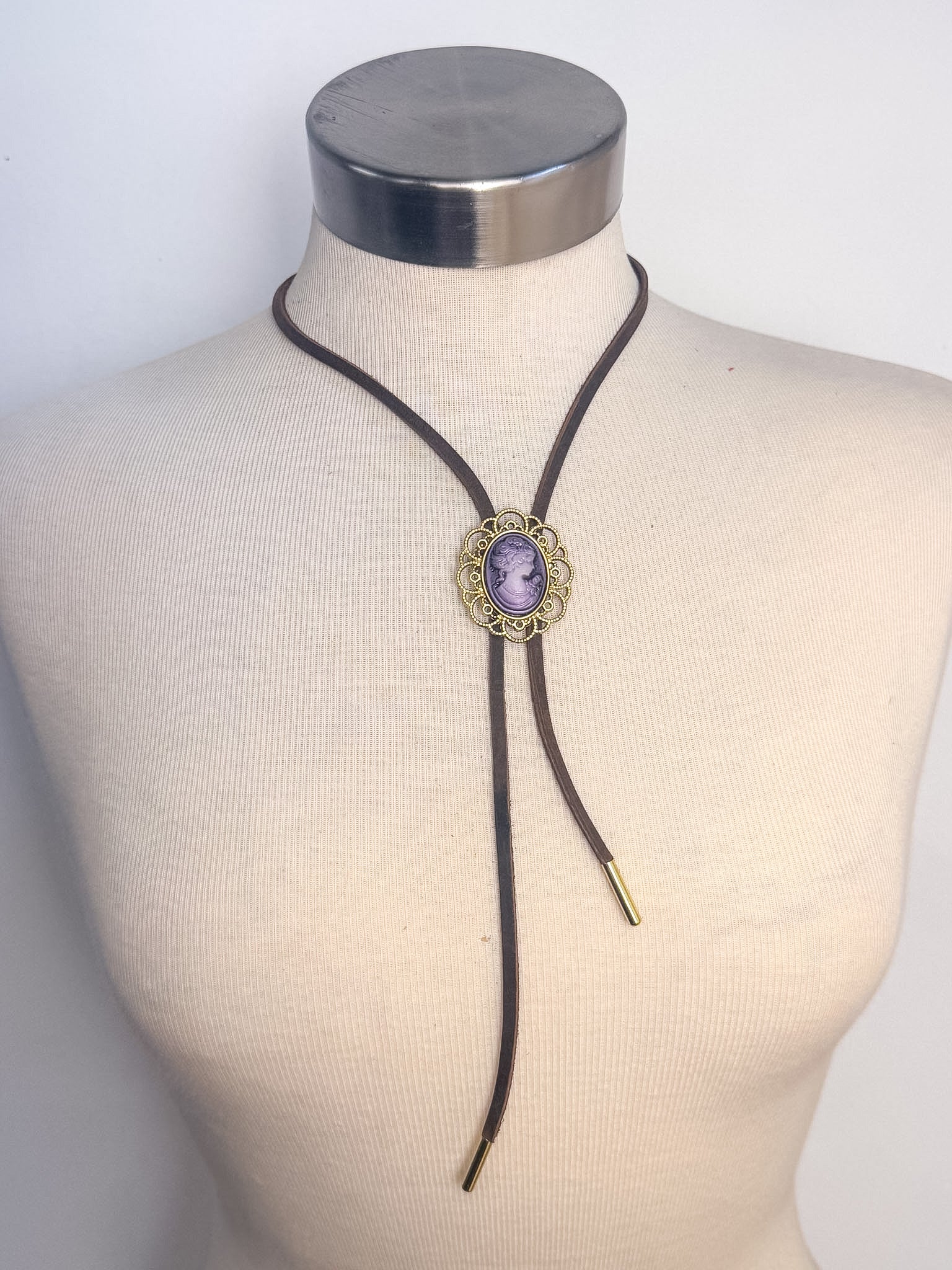 Handmade Large Cameo Flat Cord Bolo