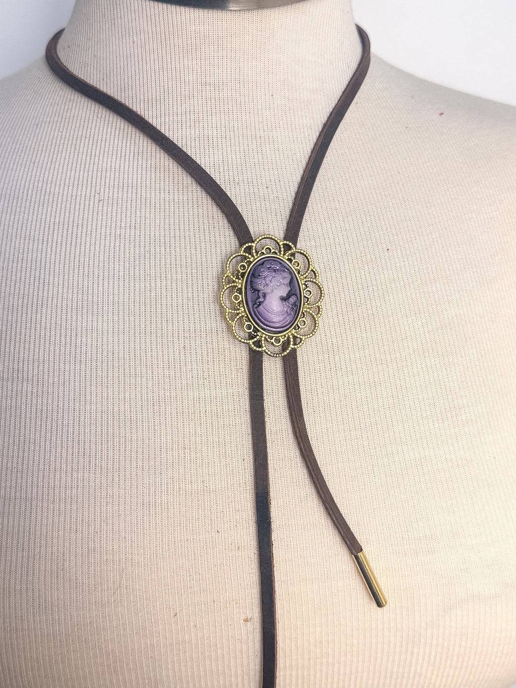 Handmade Large Cameo Flat Cord Bolo