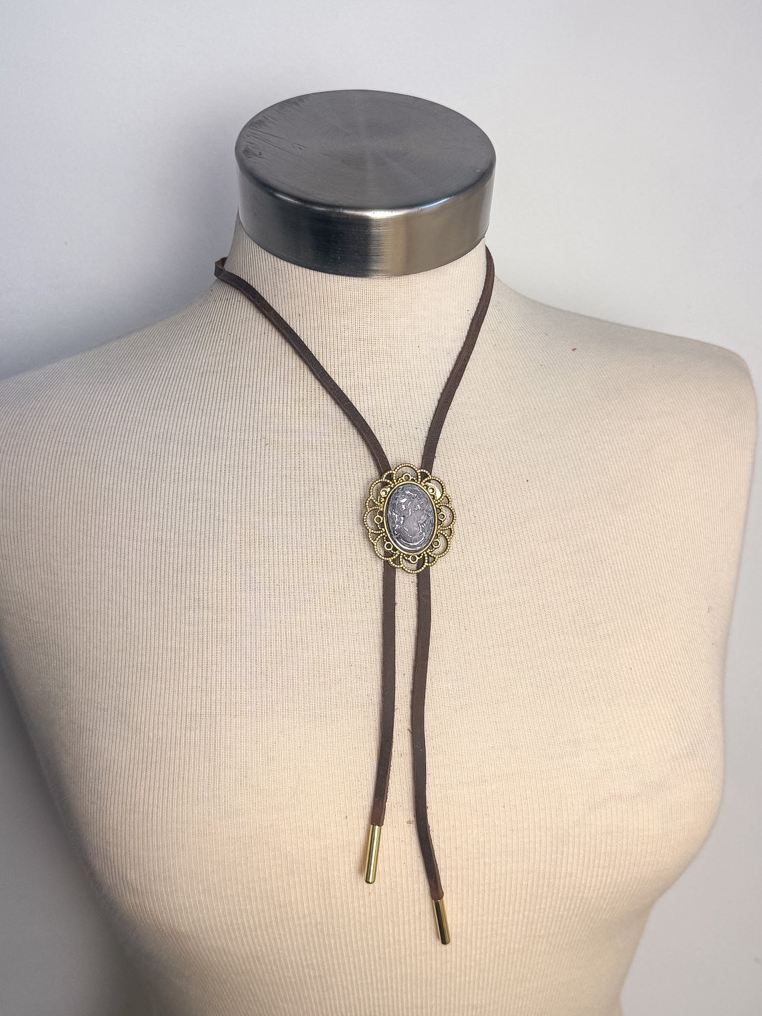 Handmade Large Cameo Flat Cord Bolo