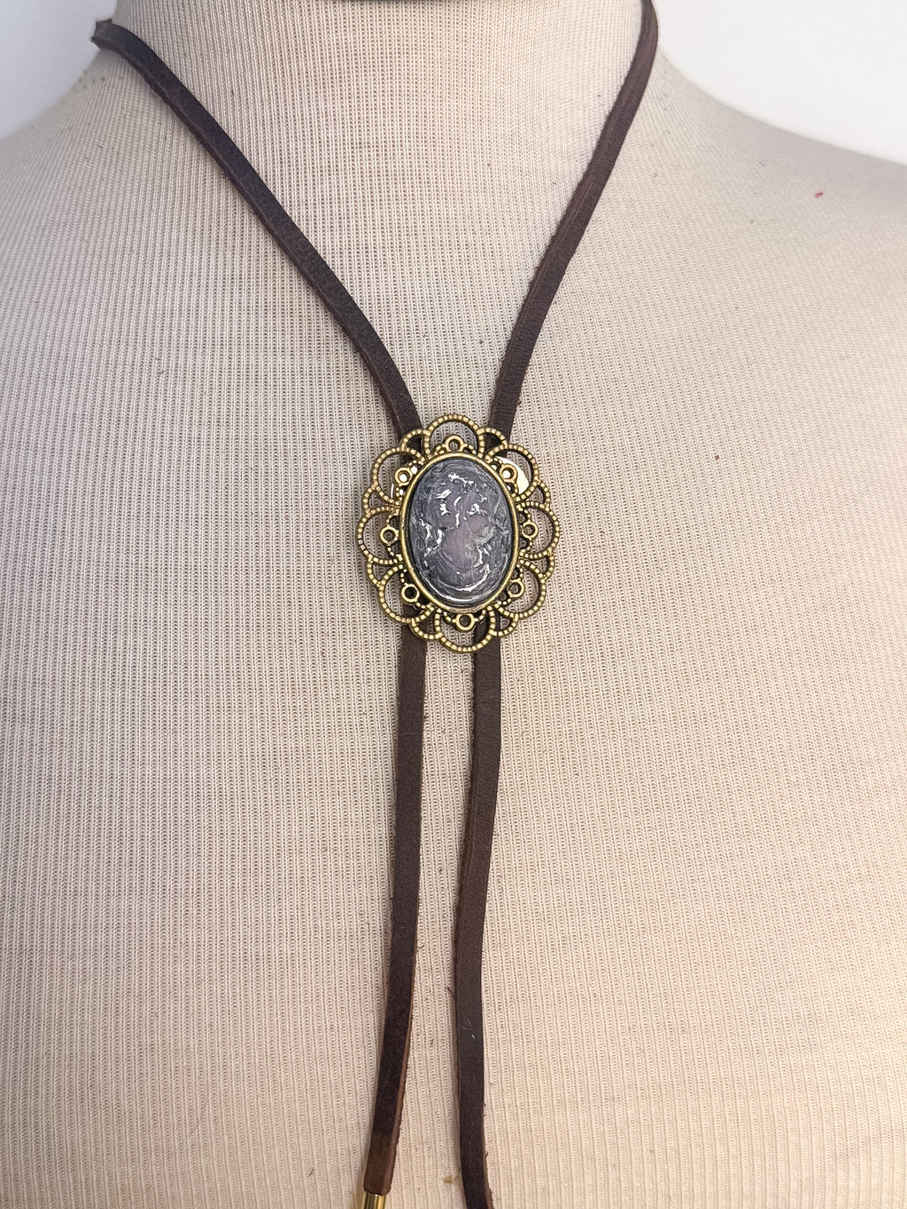 Handmade Large Cameo Flat Cord Bolo