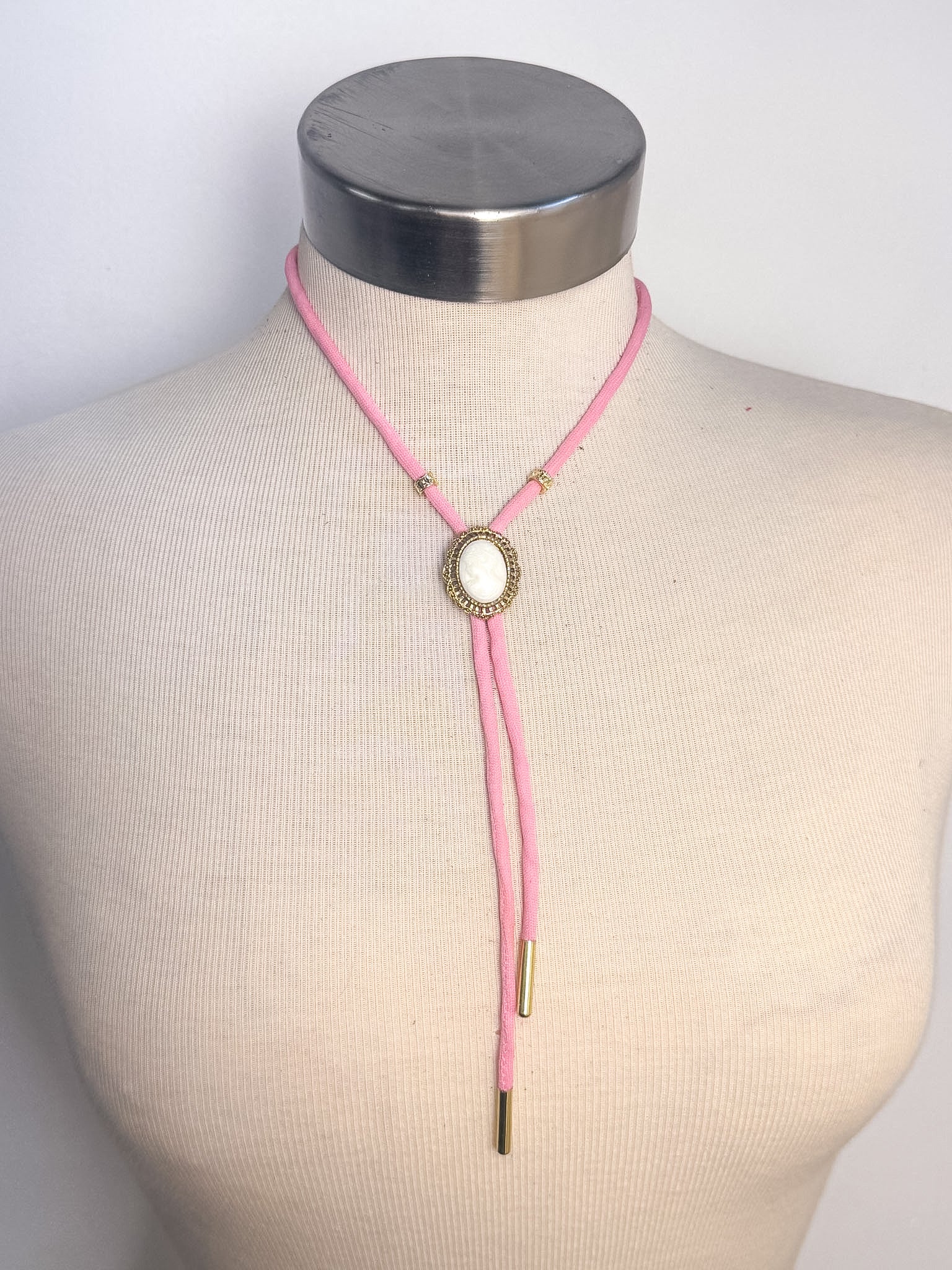 OOAK Cameo Pink Cord Bolo
