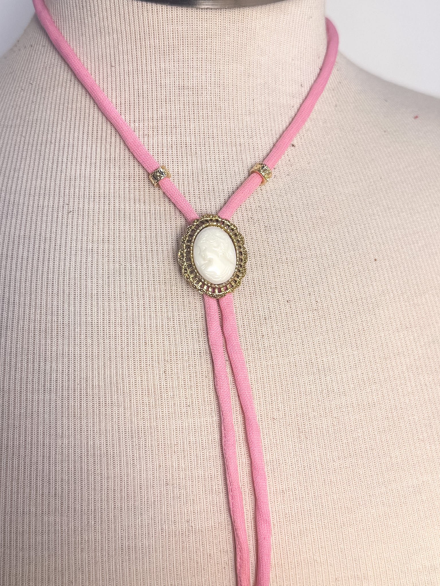 OOAK Cameo Pink Cord Bolo