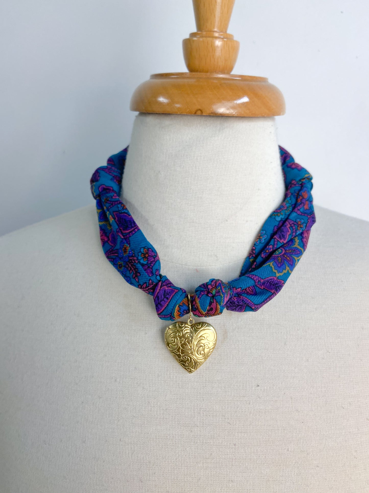 OOAK Teal Print Scarf Locket Necklace