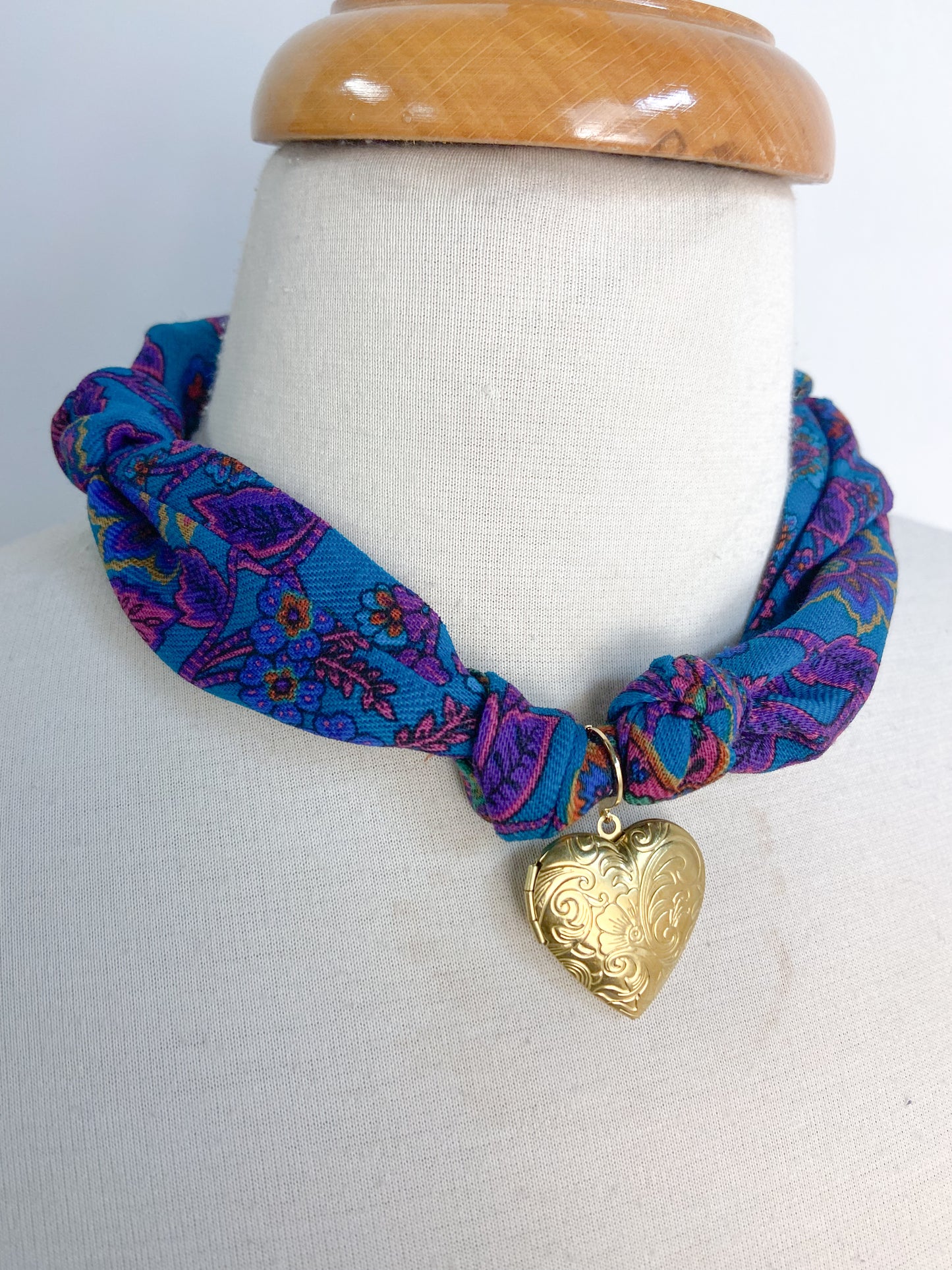 OOAK Teal Print Scarf Locket Necklace