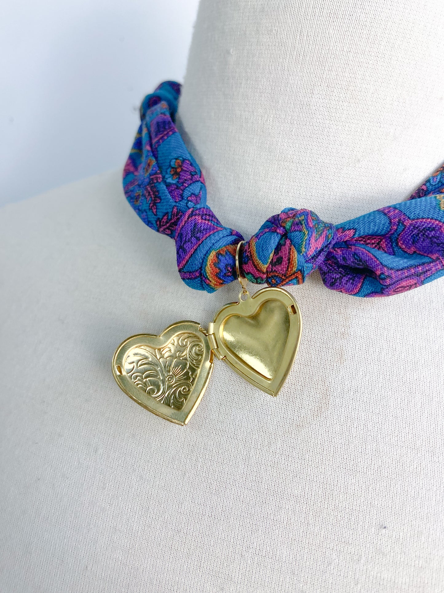 OOAK Teal Print Scarf Locket Necklace