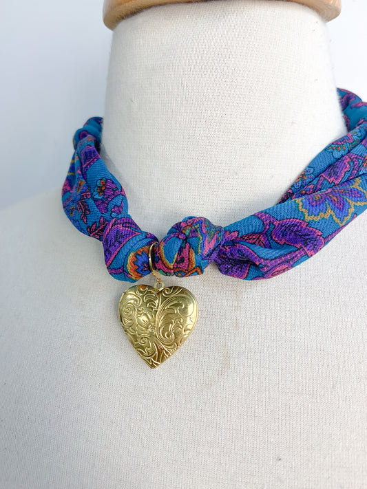 OOAK Teal Print Scarf Locket Necklace