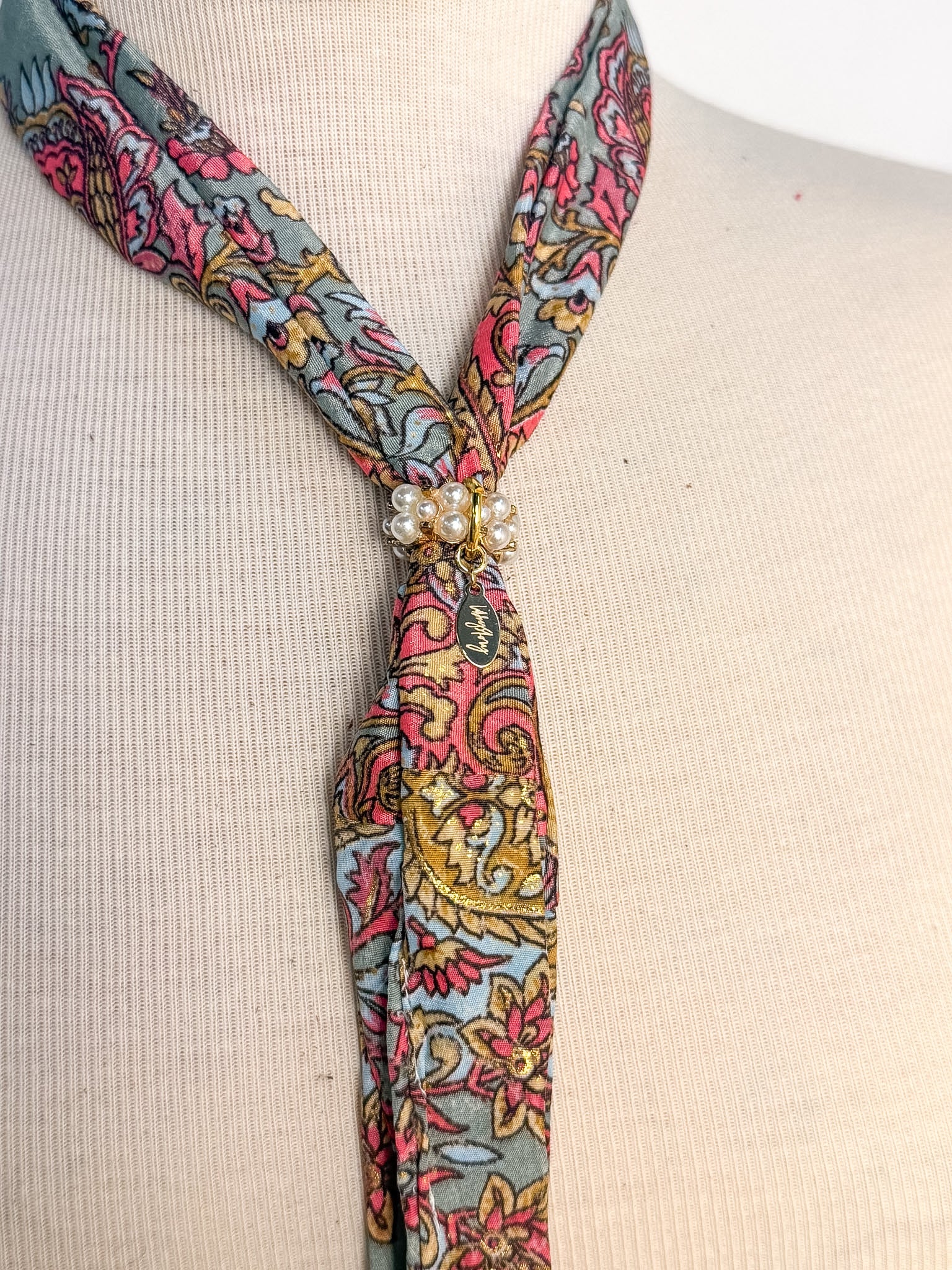 OOAK Silk & Pearl Scarf Necklace