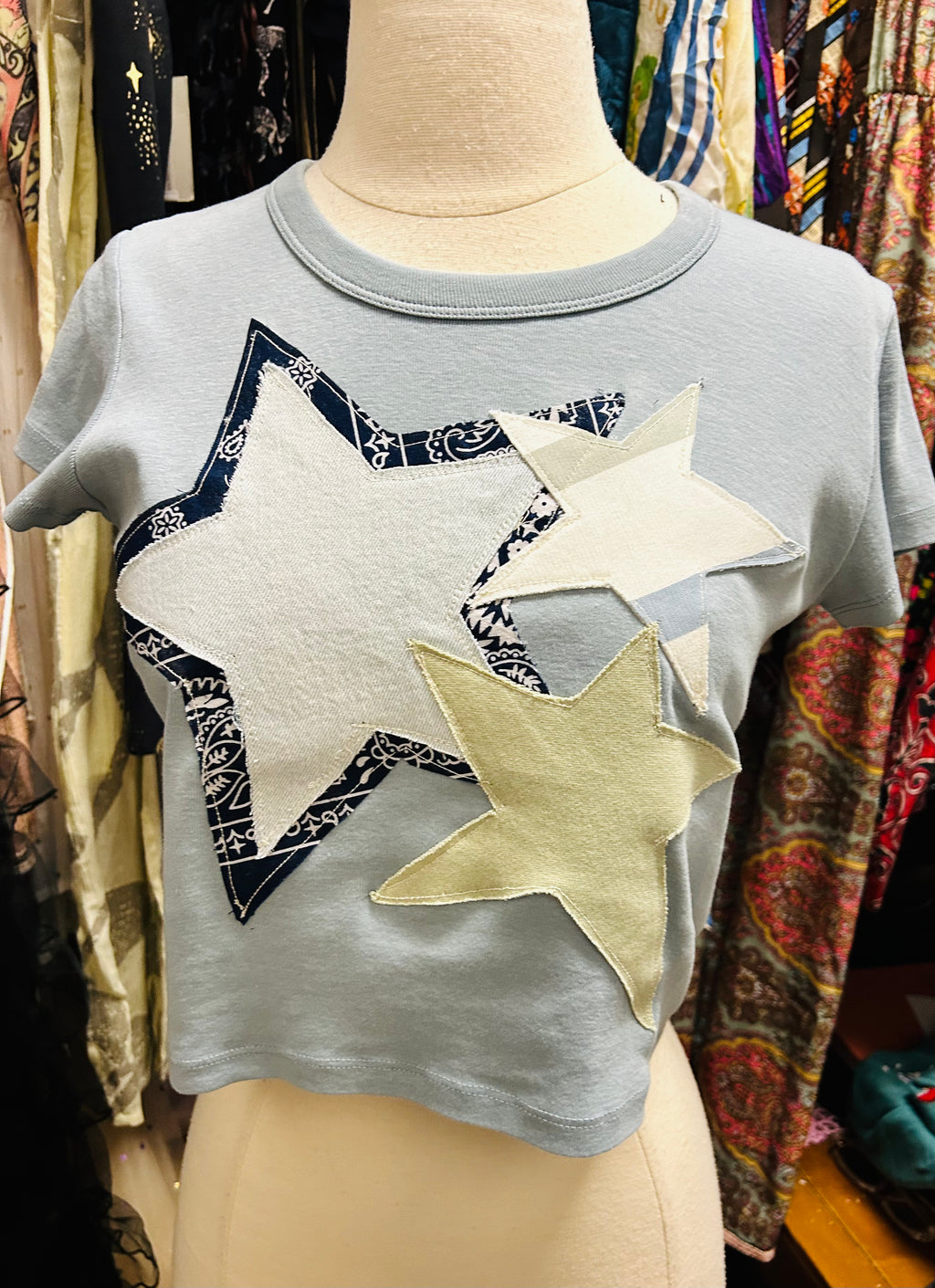 OOAK Bandana Denim & Stripe Star Patch Crop Tee