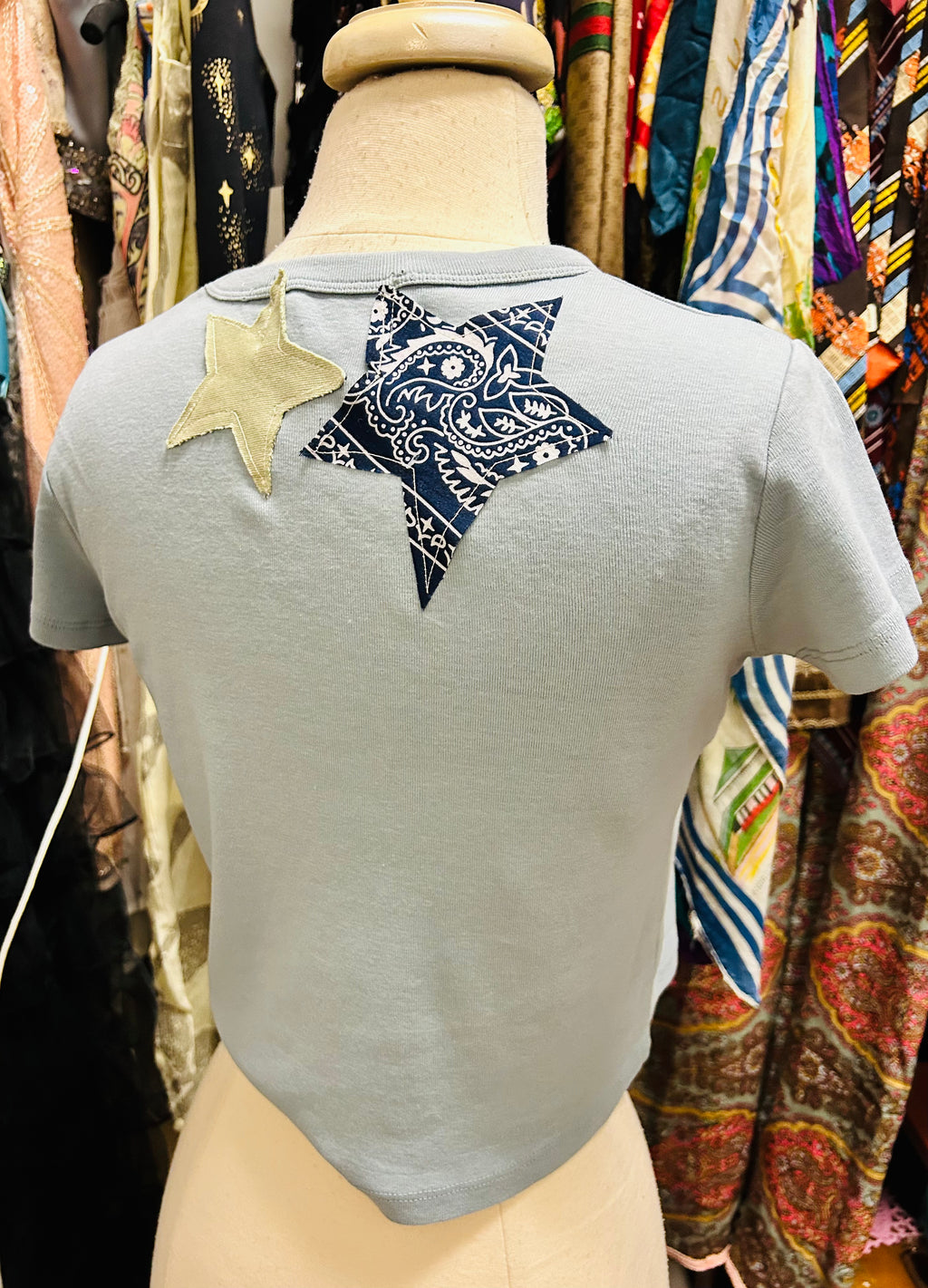 OOAK Bandana Denim & Stripe Star Patch Crop Tee