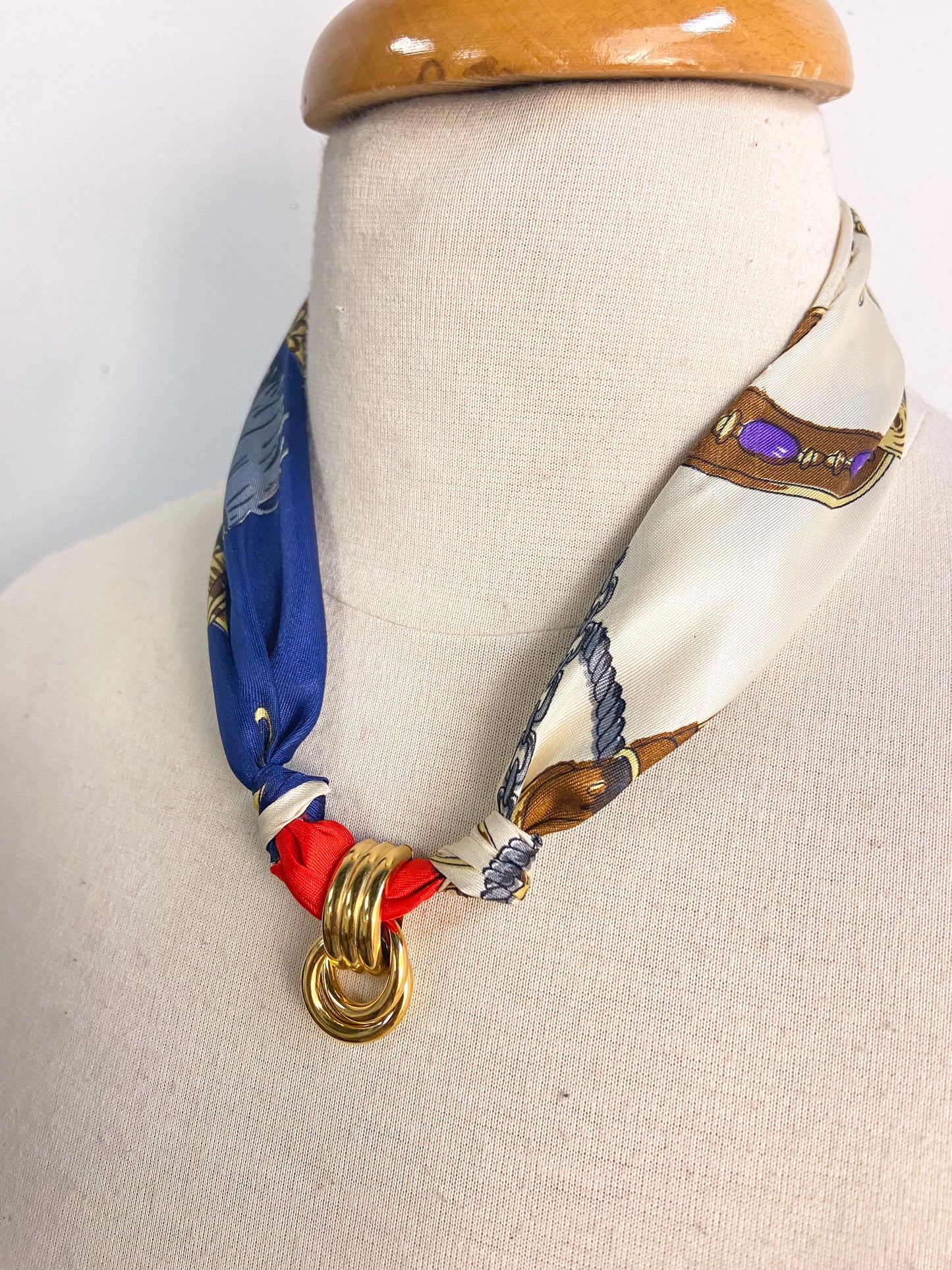 OOAK Red/Blue Satin Scarf Gold Pendant Necklace