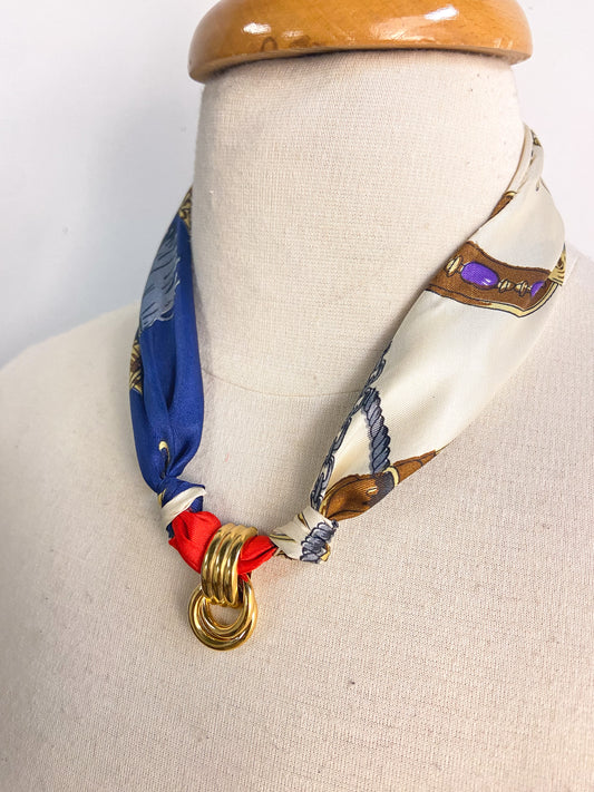 OOAK Red/Blue Satin Scarf Gold Pendant Necklace