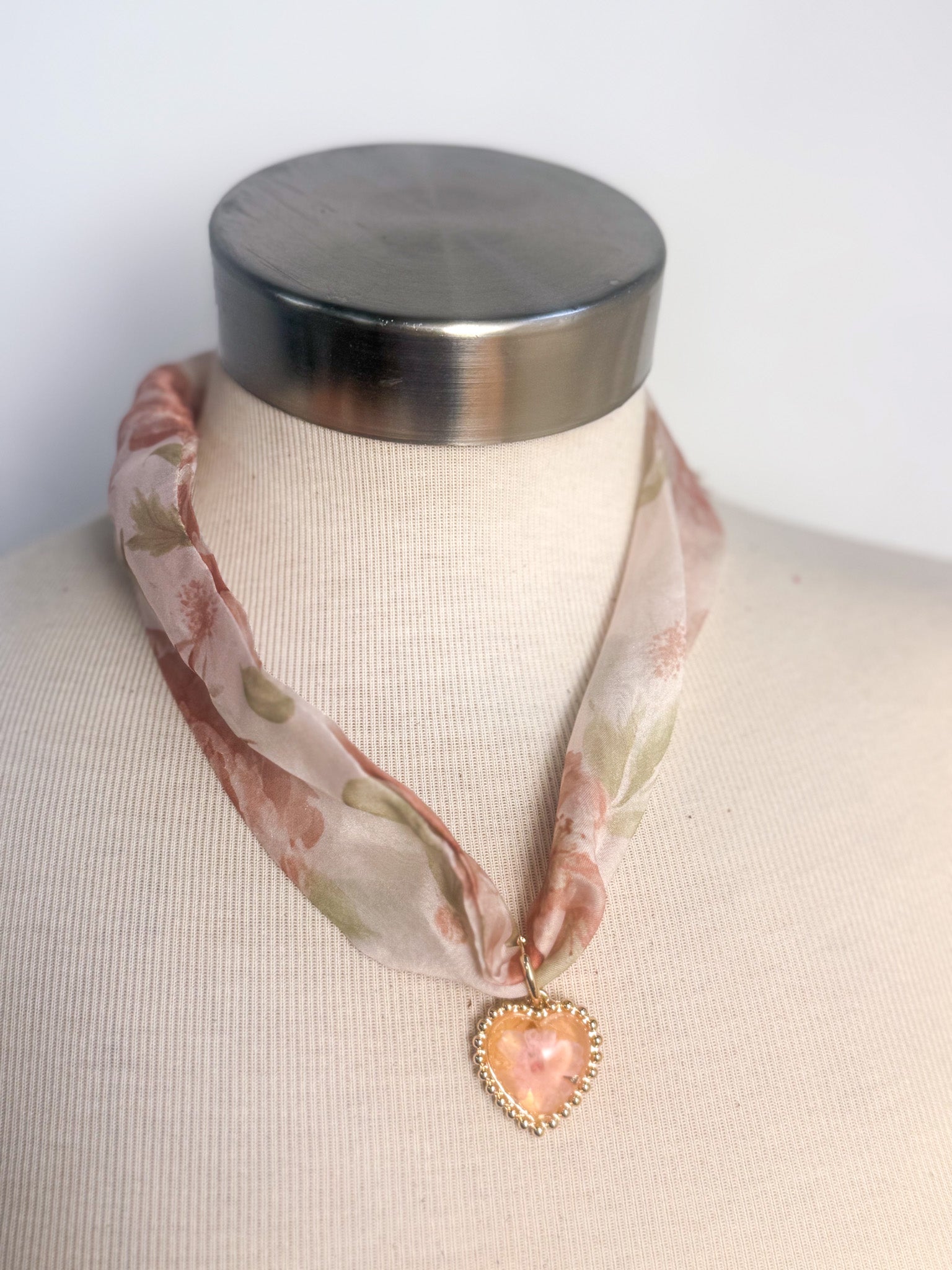 Floral Chiffon Scarf Necklace with Floral Heart Charm