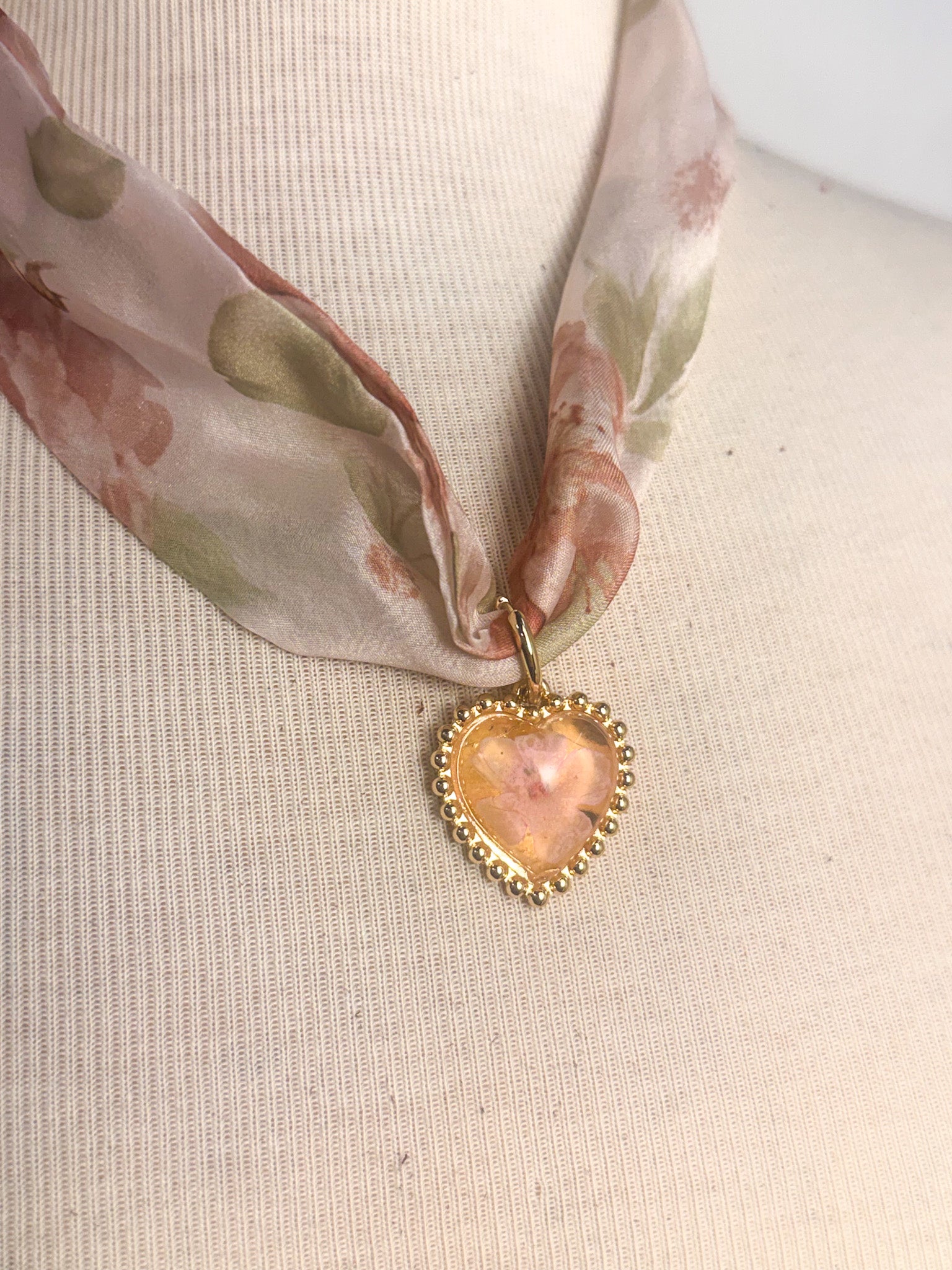 Floral Chiffon Scarf Necklace with Floral Heart Charm