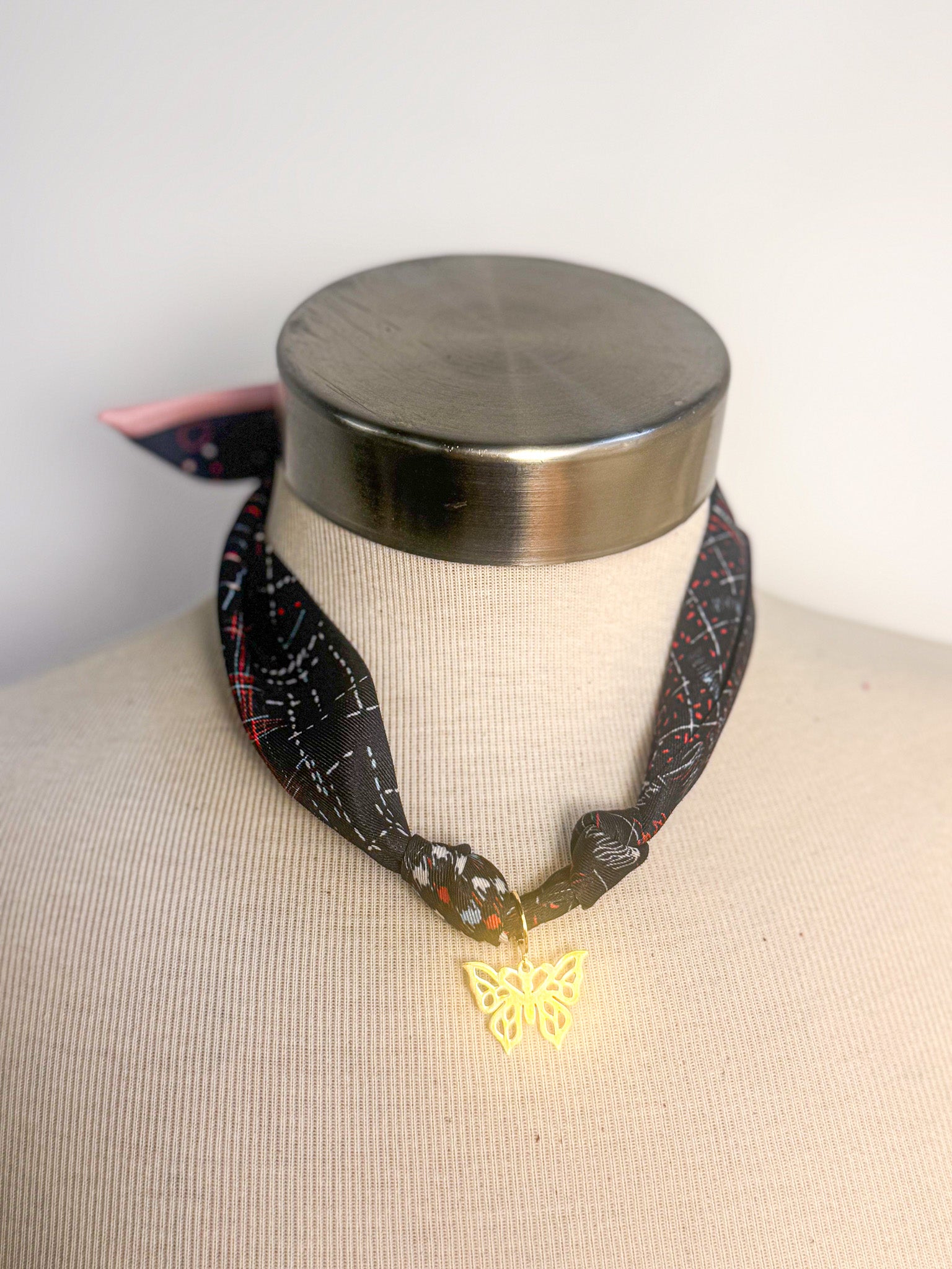 Tie On Scarf Necklace with Butterfly Charm