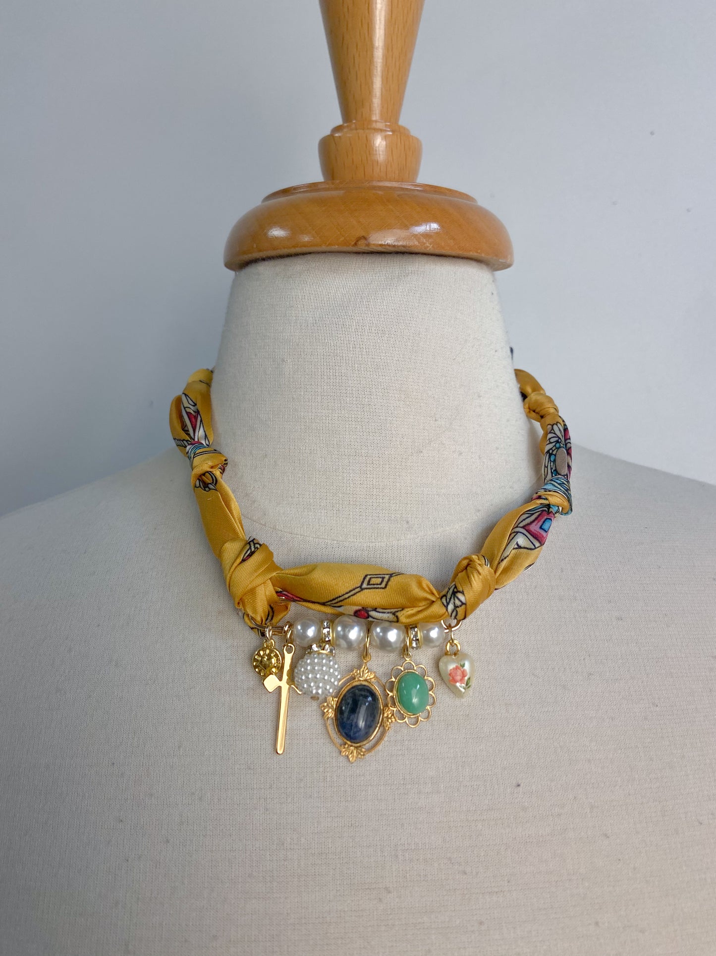 OOAK Safety Pin and Charm Scarf Necklace