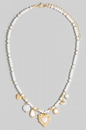 Mixed Heart Charms Pearl And Metallic Beaded Necklace