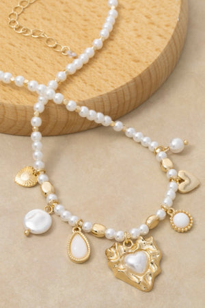 Mixed Heart Charms Pearl And Metallic Beaded Necklace