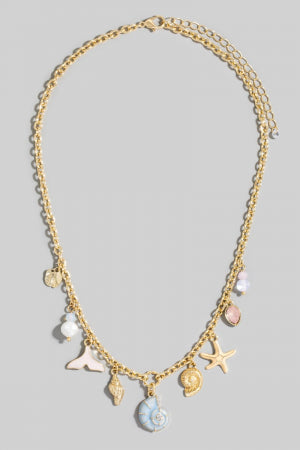 Mixed Sea Life And Pearl Charms Chain Necklace