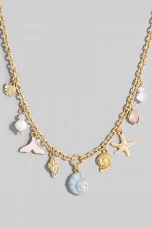 Mixed Sea Life And Pearl Charms Chain Necklace