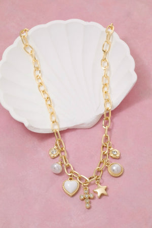 Heart Star And Pearl Charms Chain Necklace