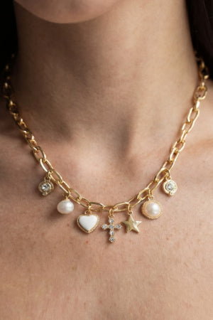 Heart Star And Pearl Charms Chain Necklace