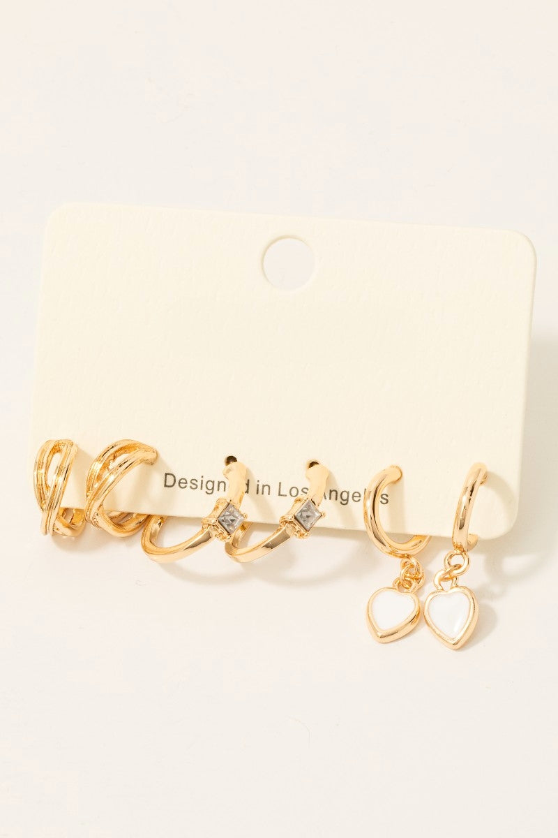 Heart And Rhinestone Charms Hoop Earrings Set