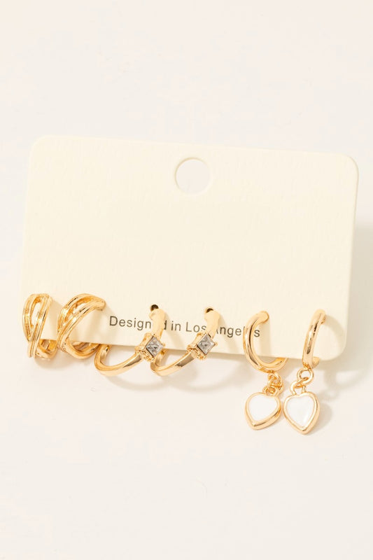 Heart And Rhinestone Charms Hoop Earrings Set