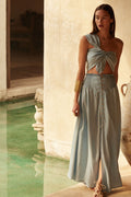 Smocked Denim Button-Front Maxi Skirt