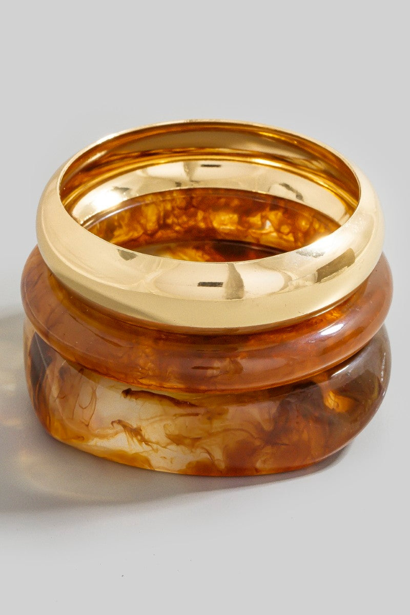 3 Piece Metallic And Marble Resin Bangle Bracelet Set