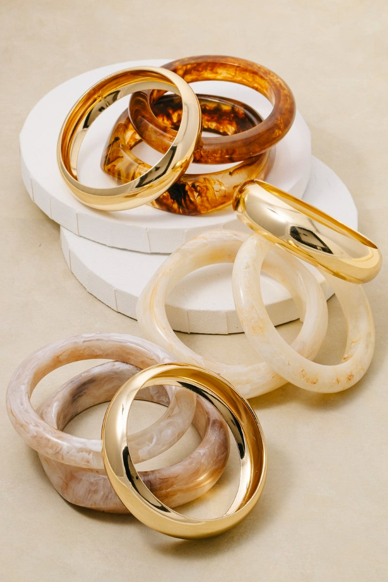 3 Piece Metallic And Marble Resin Bangle Bracelet Set