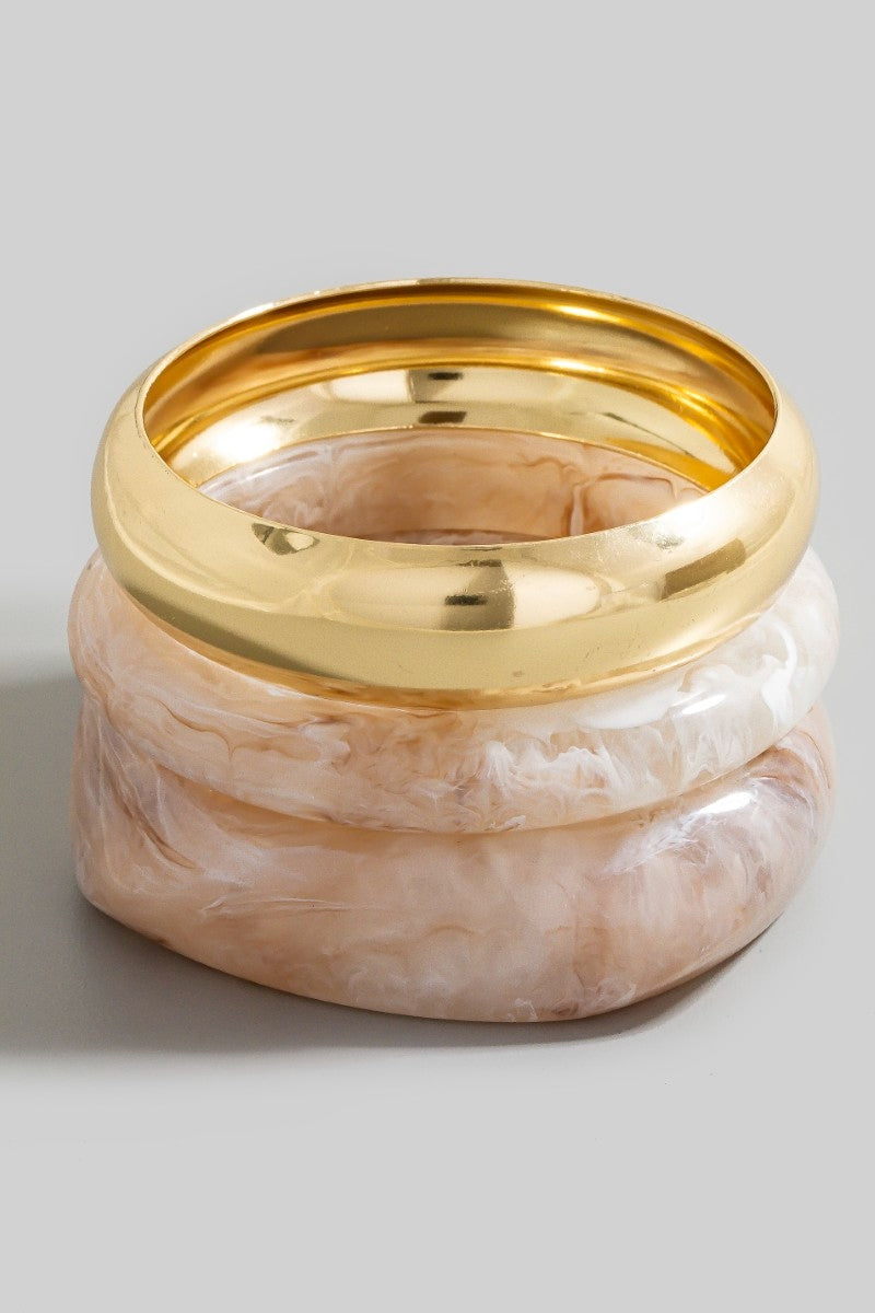 3 Piece Metallic And Marble Resin Bangle Bracelet Set