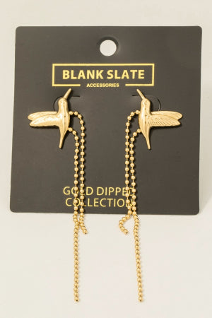 Gold Dipped Humming Bird And Chain Stud Dangle Earrings