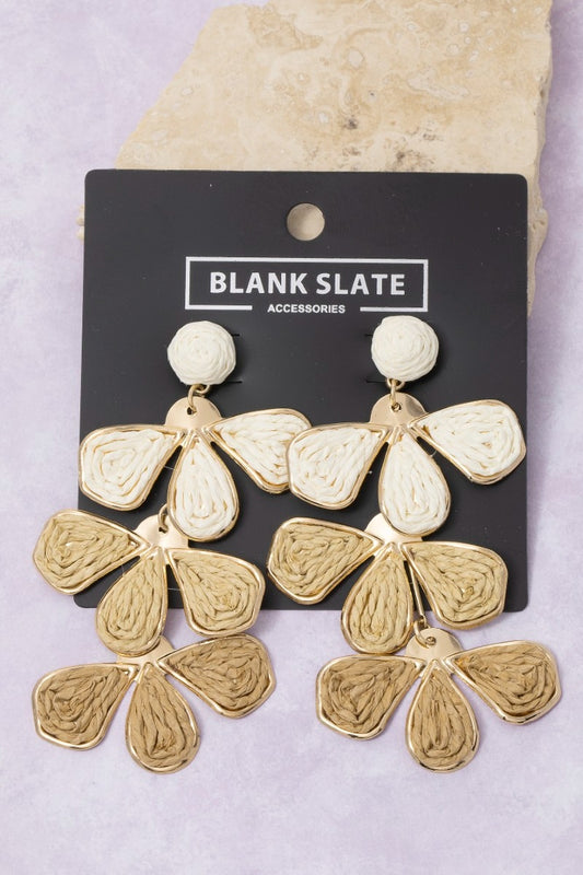 Straw Weave 3 Tone Tiered Petals Dangle Earrings
