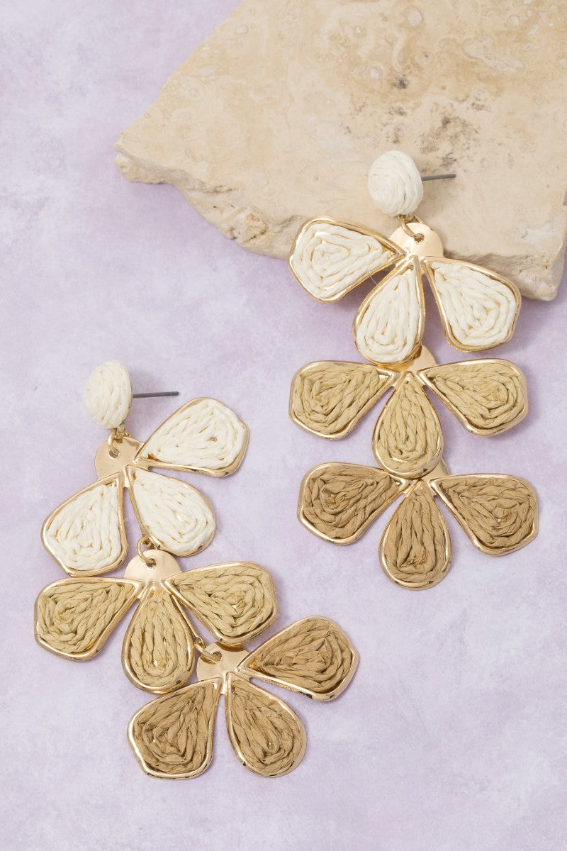 Straw Weave 3 Tone Tiered Petals Dangle Earrings