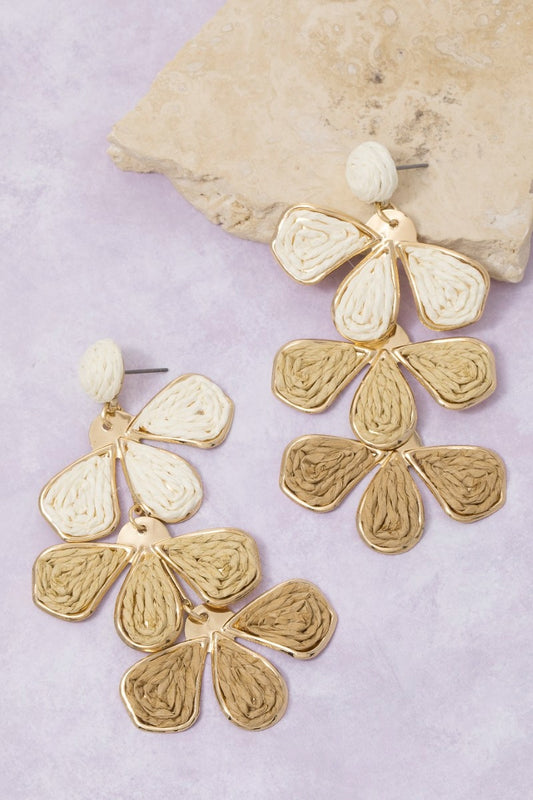Straw Weave 3 Tone Tiered Petals Dangle Earrings