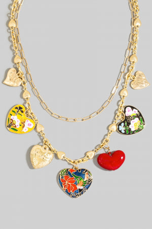 Intricate Enamel And Metallic Heart Charms Statement Necklace