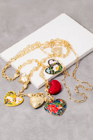 Intricate Enamel And Metallic Heart Charms Statement Necklace