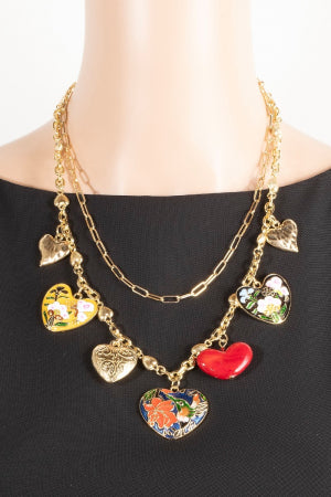 Intricate Enamel And Metallic Heart Charms Statement Necklace