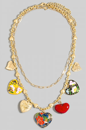 Intricate Enamel And Metallic Heart Charms Statement Necklace