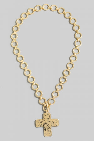 Hammered Flat Cross Pendant Toggle Chain Necklace