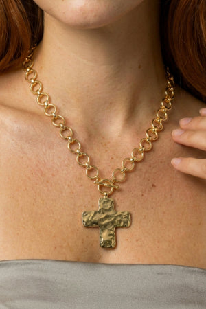 Hammered Flat Cross Pendant Toggle Chain Necklace