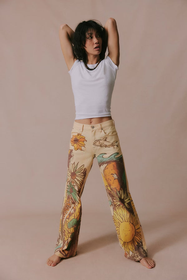 Free People Printed Straight Leg Jeans