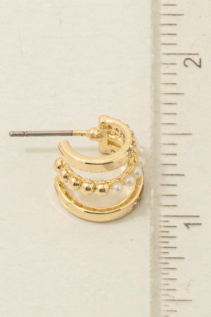 Mini Three Line Pearl Bead Hoop Earrings