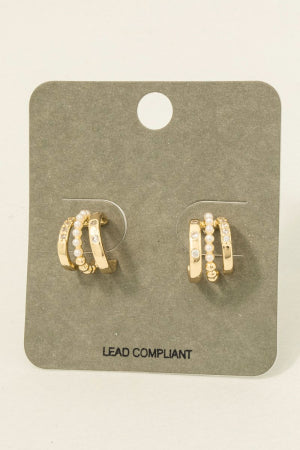 Mini Three Line Pearl Bead Hoop Earrings