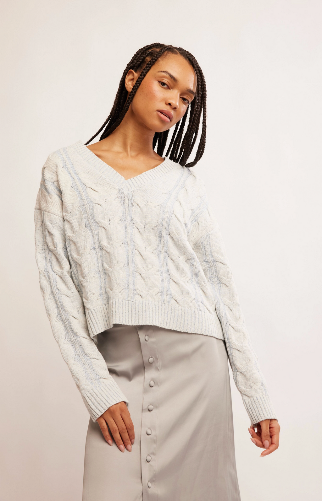 Free People Washed Cable V Neck 