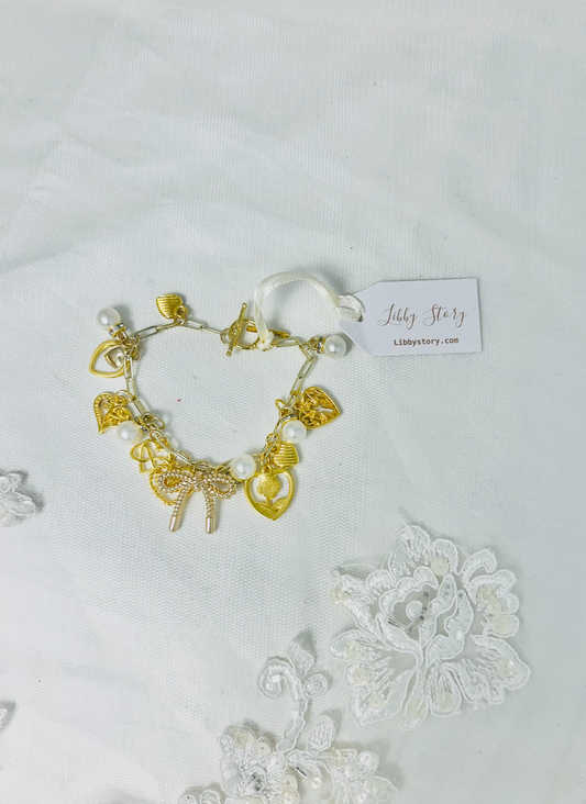 Gold Heart Bow Chharm Bracelet w/ Pearls