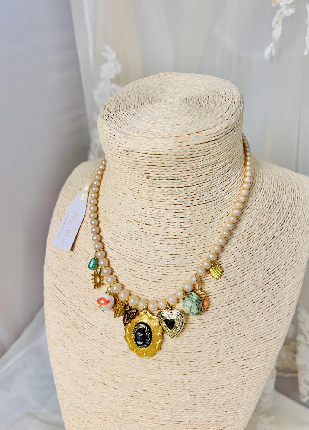 OOAK Vintage Pearl Butterfly Cameo Charm Necklace