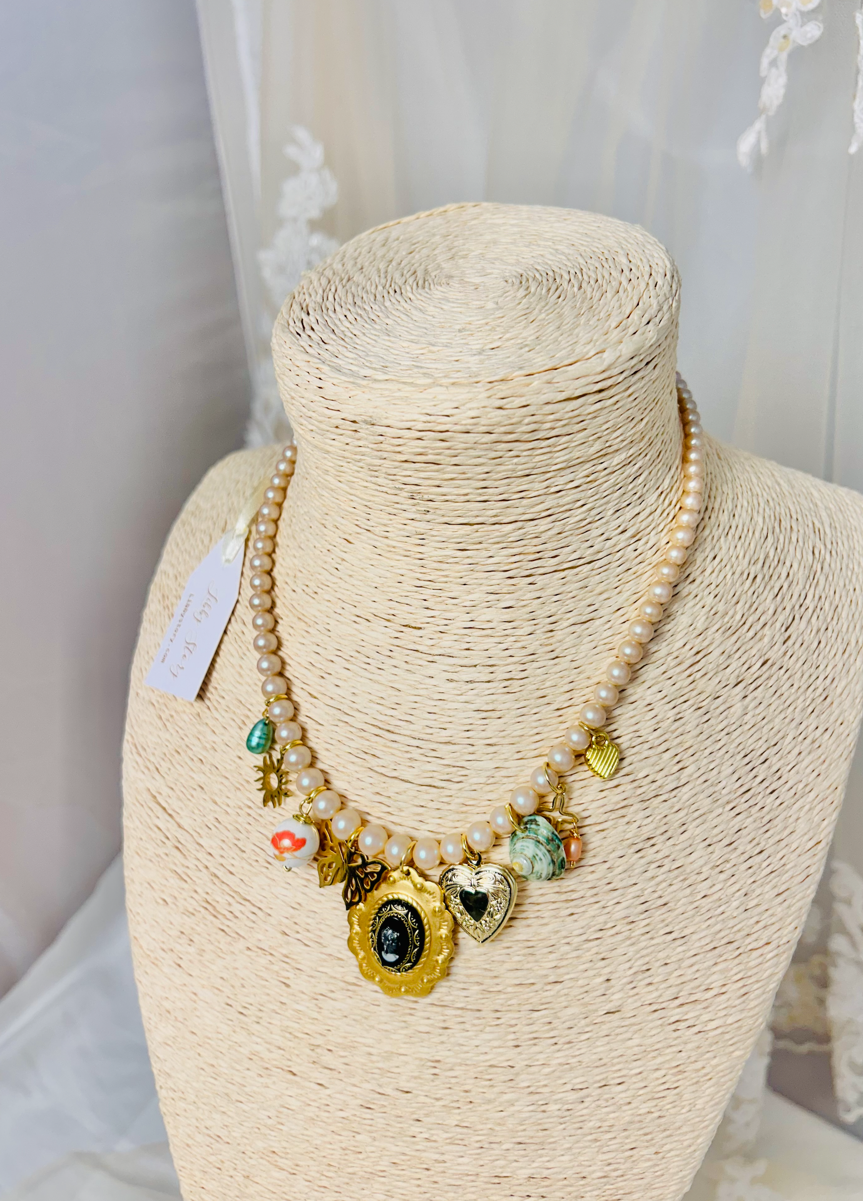 OOAK Vintage Pearl Butterfly Cameo Charm Necklace