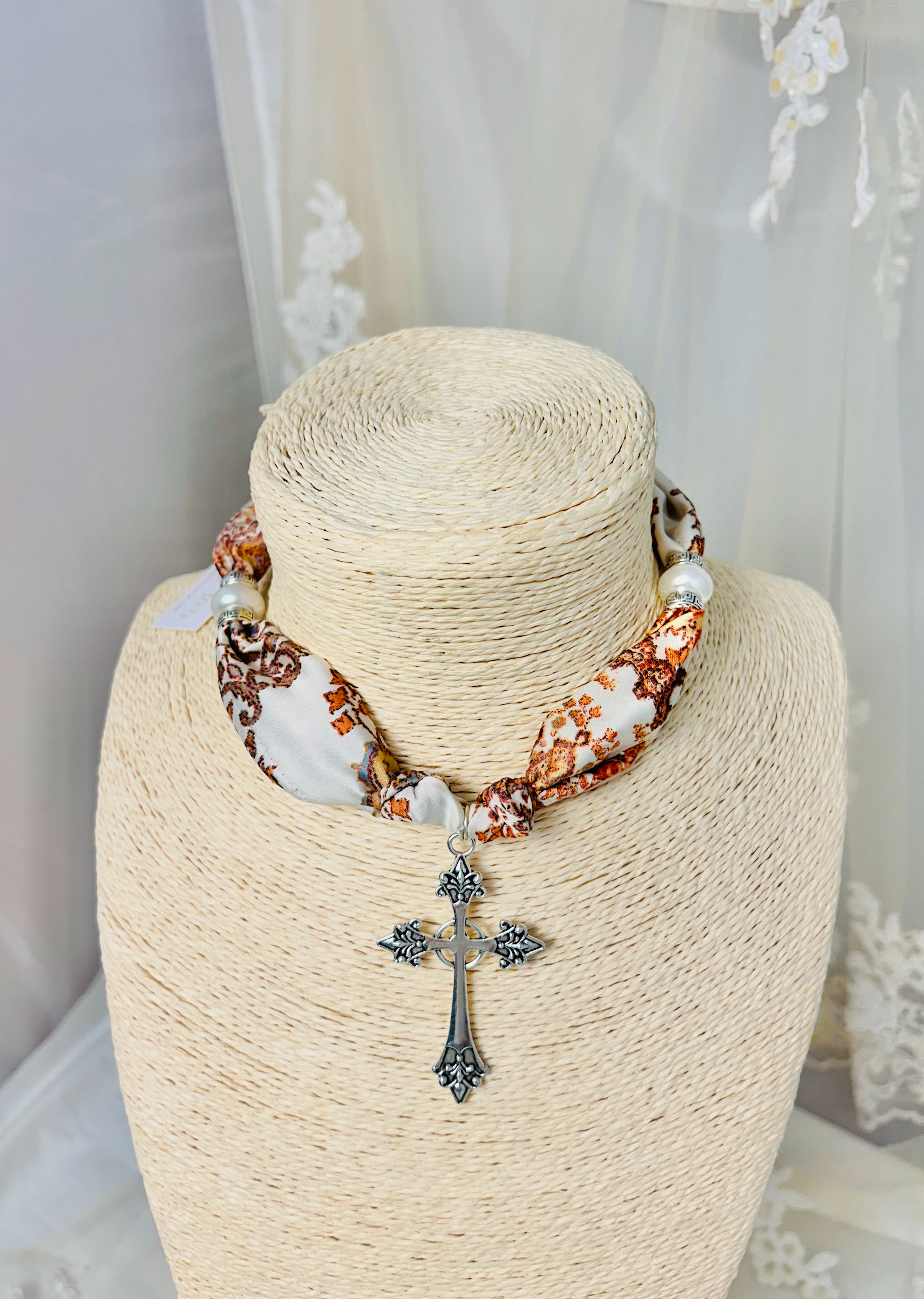 OOAK Silver Cross and Pearl Spacer Scarf Necklace