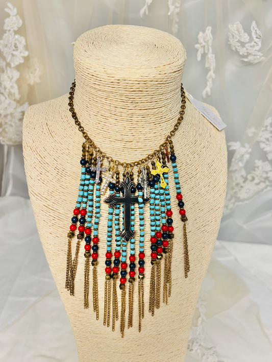 OOAK Fringe and Cross Charm Necklace